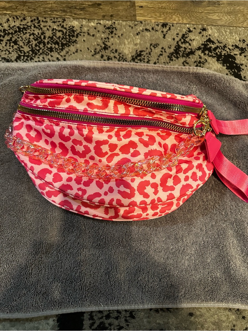 Pink Leopard Print Waist Bag with Clear Chain Accent